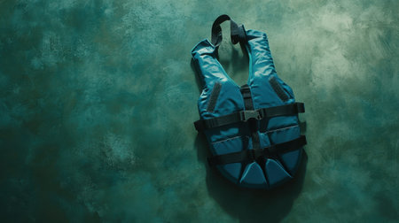 A vibrant blue life jacket rests on a textured green background, symbolizing safety and adventure. Ideal for promoting water activities, this image emphasizes the importance of buoyancy aids in ensuring safety during aquatic adventures.の素材