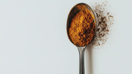 This close-up image showcases a silver spoon filled with ground spice resting on a pristine white background, ideal for culinary uses and recipes.の素材