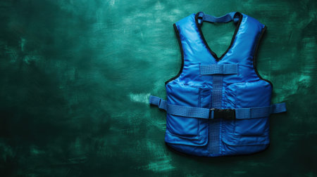 A bright blue life vest designed for water sports and safety, displayed on a textured green surface, highlighting its vibrant color and practical features.の素材