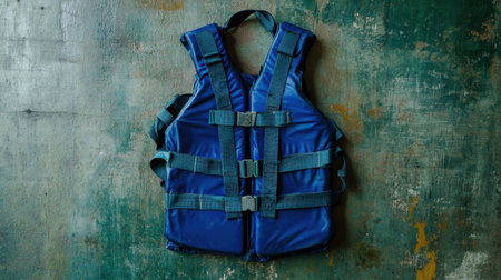 A blue life jacket displayed on a textured background, showcasing various straps and buckles designed for water safety and outdoor adventures. Perfect for water sports.の素材