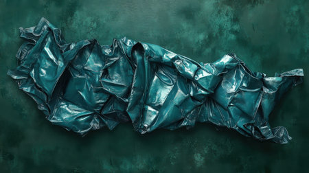Stunning abstract composition featuring crumpled metallic blue fabric against a textured green background, showcasing the interplay of light and shadow in a creative design.の素材