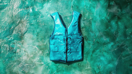 Bright aqua front-zip life vest designed for safety during water activities. Ideal for recreational use at pools, beaches, or water sports.の素材