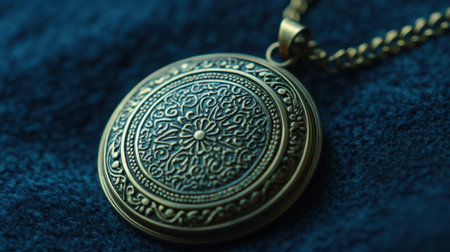 This captivating antique pendant necklace features an intricate floral design, beautifully crafted in metal against a luxurious blue background, ideal for jewelry lovers.の素材