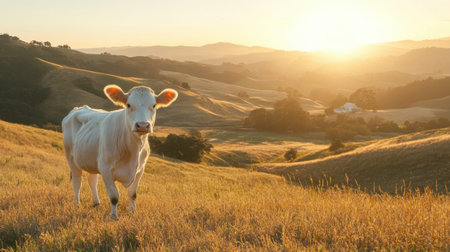 A beautiful scene capturing a grazing calf in a sunlit meadow, surrounded by rolling hills during golden hour. The tranquil landscape emphasizes nature's calm.の素材