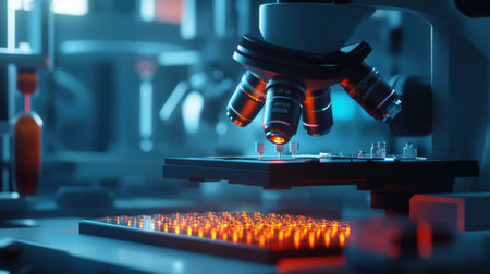 A high-tech laboratory scene showcases a microscope with a glowing slide, highlighting advanced research equipment in a modern science environment.の素材