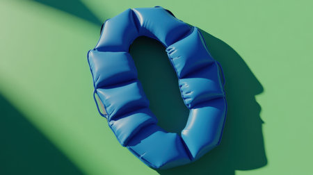A vibrant blue inflatable life ring floats against a green background, creating a playful and minimalist aesthetic perfect for summer-themed projects.の素材