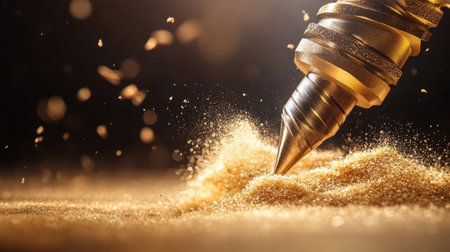 This stunning close-up image captures a golden drill bit at work, emitting fine dust particles that shimmer in a dramatic light, perfect for showcasing craftsmanship.の素材