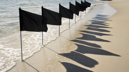 A collection of black flags stands along a peaceful beach, casting long shadows on the soft sand as gentle ocean waves lap at the shore.の素材