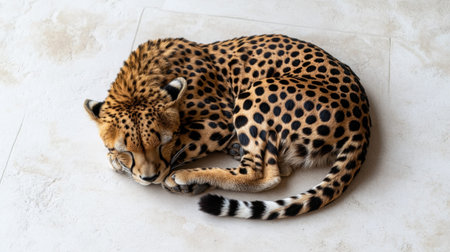 A stunning close-up showcases a curled-up cheetah resting on a light-stone surface, highlighting its beautiful spots and serene demeanor in a fascinating natural environment.の素材
