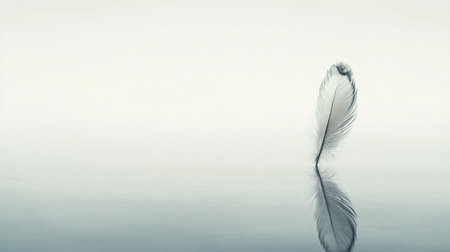 A stunning image of a delicate feather standing gracefully on the surface of calm water, reflecting soft light. The minimalistic background enhances tranquility, making it perfect for soothing visuals.の素材