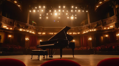 A majestic grand piano sits poised on stage, bathed in warm lights within a vintage theater. Rich red accents and elegant design enhance the artistic ambiance, inviting an unforgettable musical experience.の素材