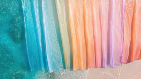 A stunning aerial view of colorful fabric gracefully draped against the sandy beach, with gentle waves lapping at the shore, evoking a sense of calm and beauty.の素材