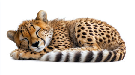 This adorable cheetah cub is peacefully sleeping on a white background, showcasing its distinctive spots and gentle features. Perfect for wildlife enthusiasts.の素材