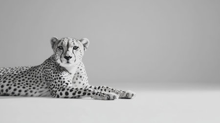 This stunning black and white image captures the elegance and power of a cheetah in a minimalist studio setting. The portrait showcases the animal's sharp gaze and unique spots, highlighting its beauty and grace.の素材