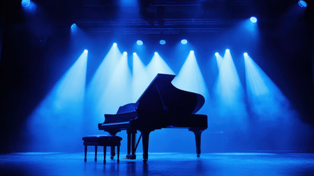 A grand piano stands elegantly on stage, illuminated by captivating blue spotlights, creating a magical atmosphere for a musical performance.の素材