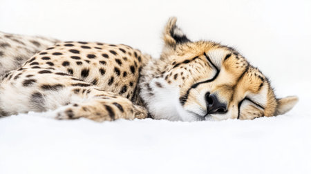 A serene image showcasing a sleeping cheetah on a soft snowy surface. The close-up highlights the unique spotted fur and tranquil expression, embodying calmness and grace in nature.の素材