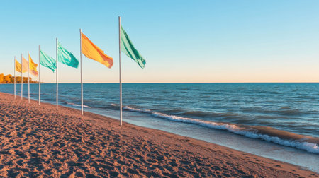 A picturesque scene of colorful flags flapping in the gentle breeze along a tranquil sandy beach, reflecting a serene atmosphere during sunset.の素材