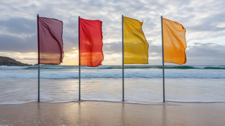 Colorful flags sway gently on a beach during sunset, framed by calming waves and a beautiful cloudy sky. This serene scene evokes tranquility and relaxation.の素材