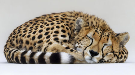 A hidden gem in wildlife photography, this image portrays a cheetah sleeping peacefully in a curled position, showcasing its stunning fur pattern and serene nature.の素材