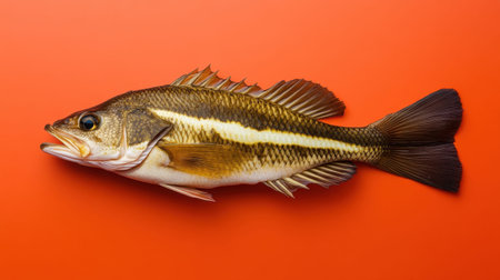 This image showcases a freshly caught fish displayed on a vibrant orange background, highlighting the intricate details of its fins and body texture. Perfect for illustrating seafood themes.の素材