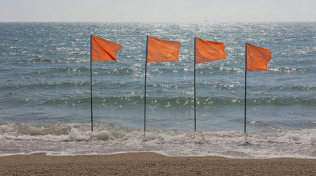 Four bright orange flags stand tall on a sandy beach, gently swaying in the breeze, signaling safety near the tranquil ocean waves under a sunny sky.の素材