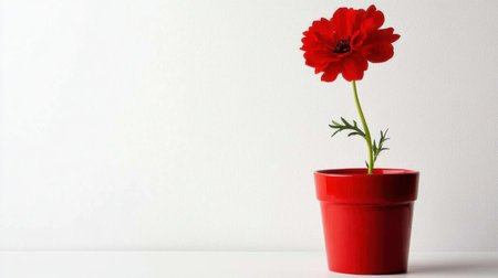 A captivating image of a vibrant red flower emerging from a sleek red pot, set against a clean white background, exuding a minimalist aesthetic.の素材