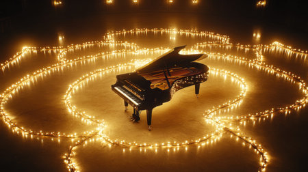 A beautifully designed grand piano sits gracefully in a serene ambiance, surrounded by warm fairy lights creating an enchanting atmosphere perfect for artistic themes.の素材