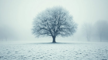 A stunning image of a lone tree blanketed in frost, set in a quiet, misty winter landscape. The serene atmosphere enhances the beauty of nature's simplicity.の素材