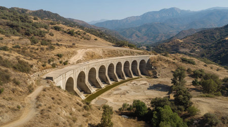Beautiful aerial view of a historic aqueduct bridge in an arid region, surrounded by mountains and a serene valley, showcasing nature's beauty and engineering.の素材