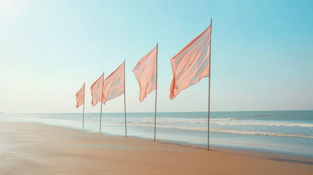 This captivating beach scene features colorful flags on poles fluttering gracefully in the gentle ocean breeze at sunrise, creating a serene atmosphere.の素材