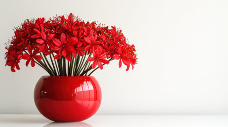 A stunning display of vibrant red flowers arranged in a glossy red vase, set against a clean white background, perfect for adding color to any space.の素材