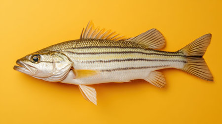This striking image features a fresh striped bass against a vibrant yellow background, emphasizing its unique anatomical features and colors.の素材