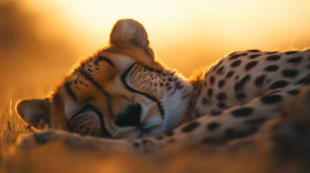 A serene image of a cheetah sleeping peacefully as the golden sunset wraps the landscape in warm light, showcasing the beauty of wildlife in its natural habitat.の素材