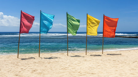 A stunning coastal scene featuring vibrant colored flags on wooden poles, set against golden sand, blue sea, and a radiant sky. Perfect for summer vibes.の素材