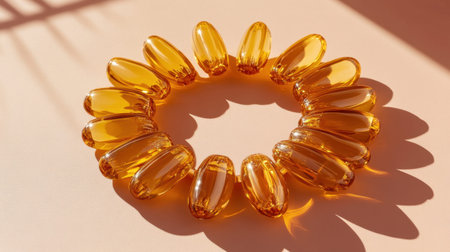 A striking arrangement of vibrant orange gel capsules in a circular pattern creates an engaging visual on a soft peach background, illuminated by natural light.の素材