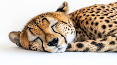 This image captures a serene moment of a cheetah peacefully sleeping, showcasing its beautiful fur and distinct spots. The calm expression and relaxed posture emphasize the tranquility of nature.の素材