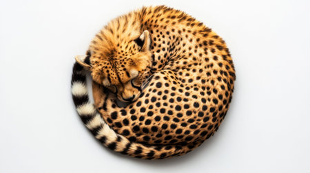 A stunning image of a curled-up cheetah resting peacefully, displaying its striking fur patterns, showcasing the beauty and grace of this magnificent creature.の素材