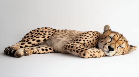 A beautiful cheetah rests peacefully on a neutral background, showcasing its elegant fur patterns. This image captures the essence of tranquility in nature.の素材