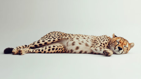 A serene cheetah lies peacefully on a smooth white surface, showcasing its distinct spotted fur and calm expression, perfect for wildlife themes.の素材