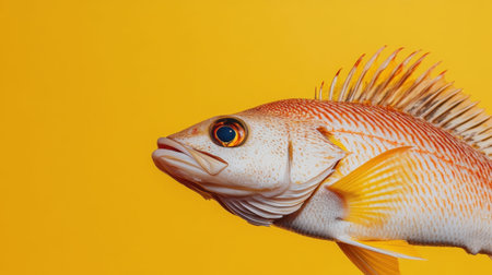 This image features a detailed close-up of a colorful fish with vibrant orange and yellow hues, set against a bright yellow background, showcasing its natural beauty.の素材