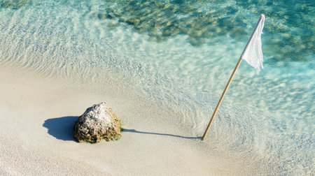 A peaceful beach scene features a solitary white flag marking a rock on pristine sand, surrounded by clear waters. Perfect for relaxation and nature.の素材