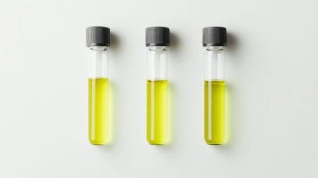 Three clear test tubes filled with a bright yellow liquid arranged neatly on a white background, ideal for laboratory or scientific themes.の素材