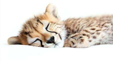 A precious cheetah cub lies peacefully on a white surface, showcasing its soft fur and distinctive spots. The animal exudes a sense of tranquility and innocence as it enjoys a restful moment.の素材