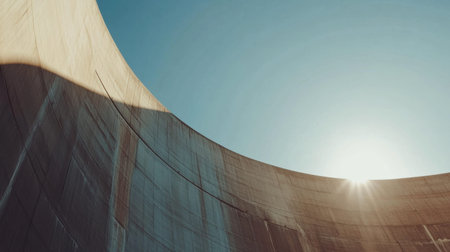 Perspective view of an industrial cooling tower emphasizing the interplay of concrete and light. The image captures the architectural beauty and industrial essence under a clear sky.の素材