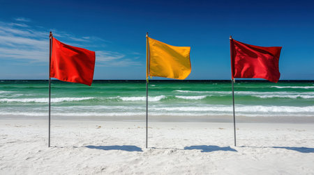 Vibrant beach flags stand tall on a sunny day, signaling conditions for swimmers against a backdrop of serene waves and a clear blue sky.の素材