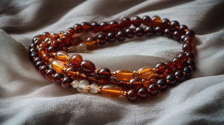 A stunning arrangement of amber beads lies gracefully on soft fabric, showcasing intricate designs and warm hues, perfect for artistic displays and inspiration.の素材