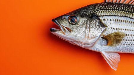 This close-up image features a fresh striped bass with intricate details of its scales and fins, set against a vibrant orange background, perfect for culinary presentations.の素材