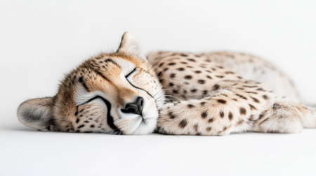 This tranquil image showcases a sleeping cheetah, embodying peace and relaxation. Its adorable expression and distinctive spots highlight the beauty of wildlife.の素材