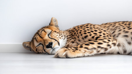 A serene moment captured of a sleeping cheetah resting comfortably on a smooth white floor, showcasing its beautiful spotted fur and peaceful demeanor.の素材