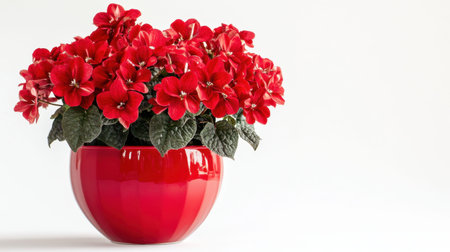 A stunning arrangement of vibrant red flowers in a glossy red pot, creating a beautiful contrast against a clean white background. Perfect for home decor.の素材